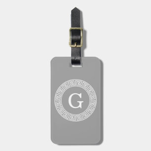 Dark Grey Wht Greek Key Rnd Frame Initial Monogram Luggage Tag