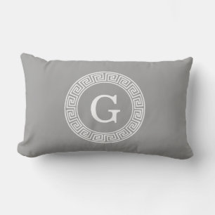 Dark Grey Wht Greek Key Rnd Frame Initial Monogram Lumbar Cushion