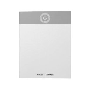 Dark Grey Wht Greek Key Rnd Frame Initial Monogram Notepad