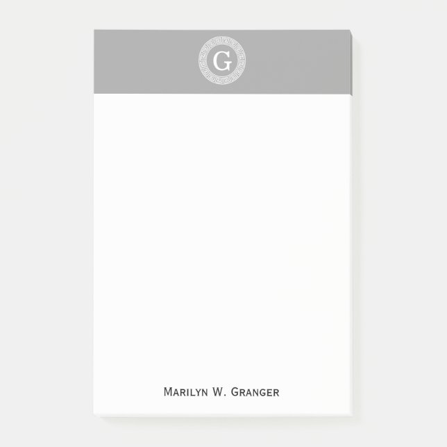 Dark Grey Wht Greek Key Rnd Frame Initial Monogram Post-it Notes (Front)
