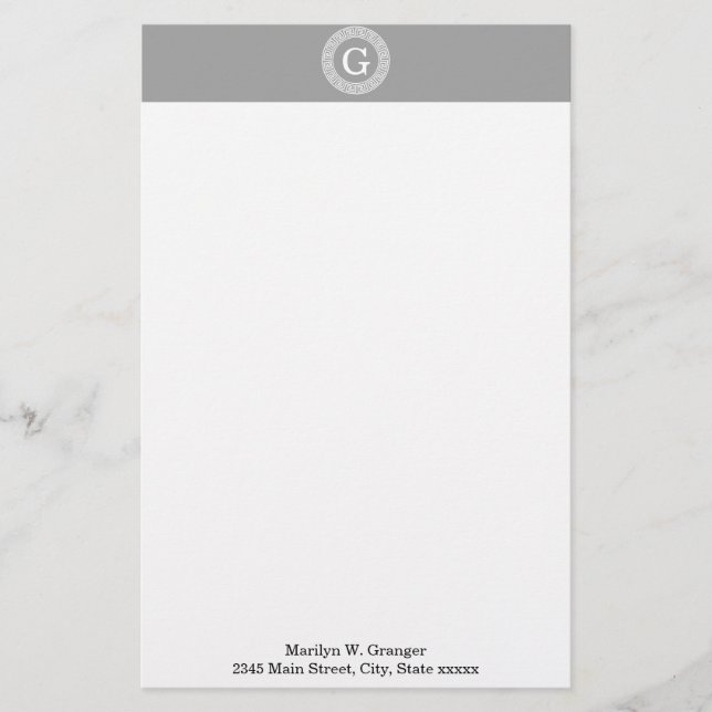 Dark Grey Wht Greek Key Rnd Frame Initial Monogram Stationery (Front)