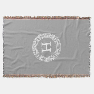 Dark Grey Wht Greek Key Rnd Frame Initial Monogram Throw Blanket