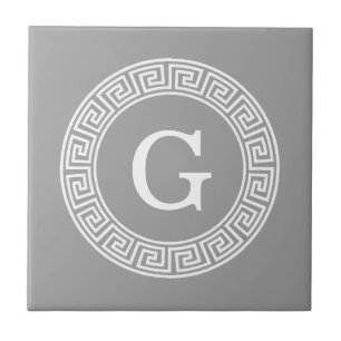 Dark Grey Wht Greek Key Rnd Frame Initial Monogram Tile