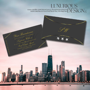 Dark Grey with Gold Decor Diamonds and Monogram Business Card