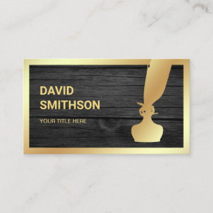 Dark Grey Wood Gold Foil Inkwell Feather Quill Pen Business Card