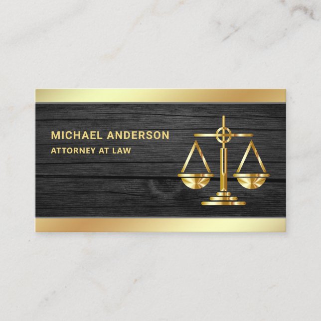 Dark Grey Wood Gold Justice Scale Lawyer Attorney Business Card (Front)