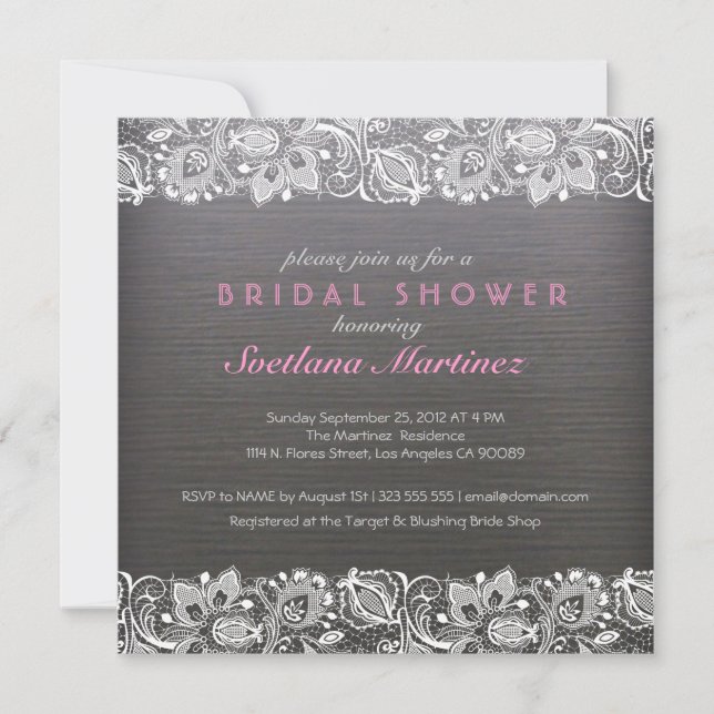 Dark Grey Wood & White Lace Bridal Shower Invite (Front)
