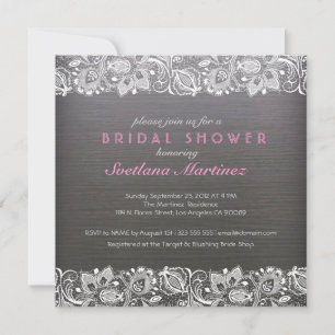 Dark Grey Wood & White Lace Bridal Shower Invite