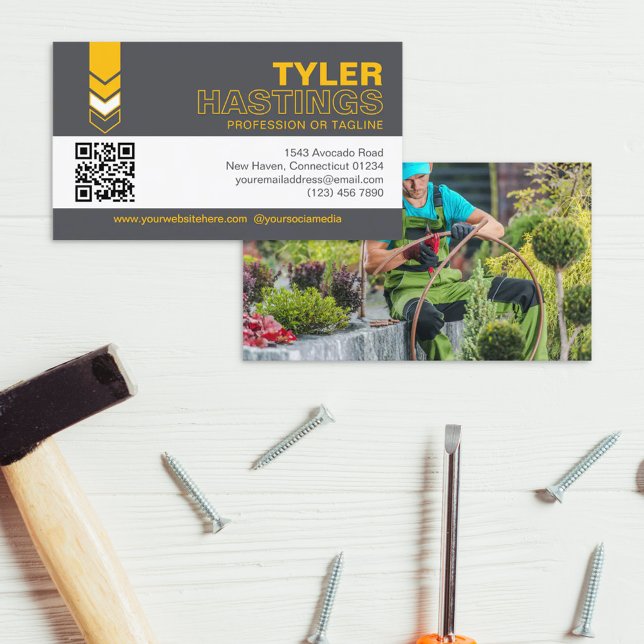 Dark Grey Yellow Arrows QR Code Photo Template Business Card (Creator Uploaded)