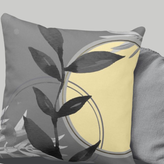 Dark Grey & Yellow Zen Watercolor Leaves Cushion (Creator Uploaded)