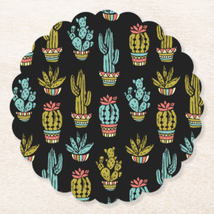 Dark Grunge Cactus Pattern Paper Coaster