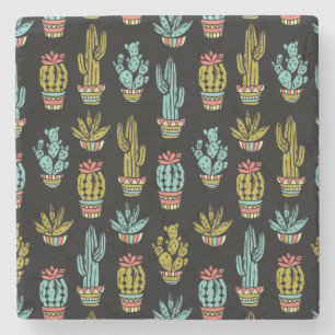 Dark Grunge Cactus Pattern Stone Coaster