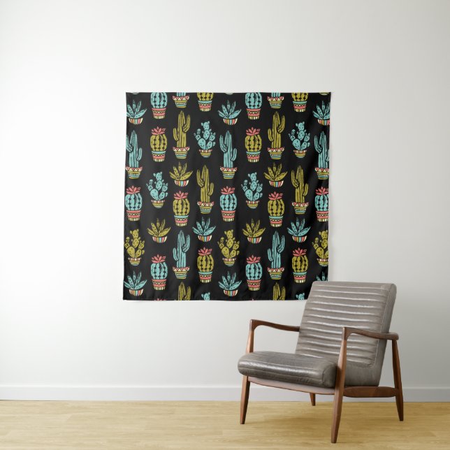 Dark Grunge Cactus Pattern Tapestry (In Situ (Horizontal))