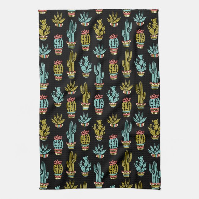 Dark Grunge Cactus Pattern Tea Towel (Vertical)