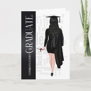 Dark Hair Black Cap and Gown Female Graduate Card