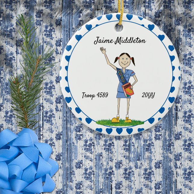 Dark Hair Cadette Girl Scouting Blue Heart Shape Ceramic Tree Decoration (Creator Uploaded)