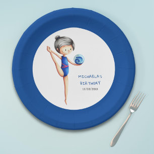 Dark Hair Girl Gymnastics Birthday Party Paper Plate