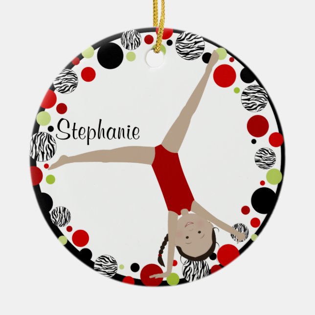 Dark Hair Gymnast Red, Black & Green Personalised Ceramic Tree Decoration (Front)