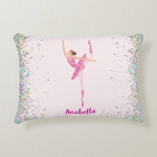 Dark Hair Pink Glitter Dress Pirouette Ballerina Decorative Cushion (Front)