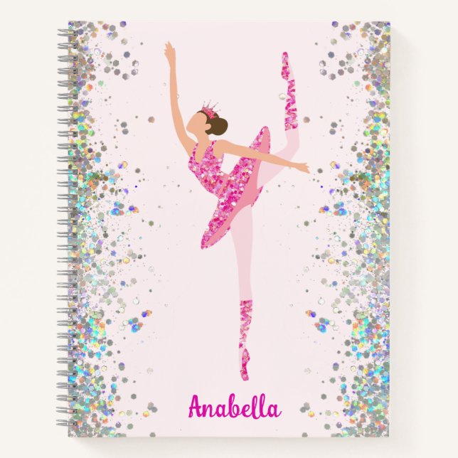 Dark Hair Pink Glitter Dress Pirouette Ballerina Notebook (Front)