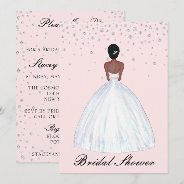 Dark Hair Skin Bride Illustration Bridal Shower Invitation (Front/Back)