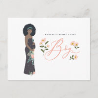 Dark haired black mum to be of a boy baby shower