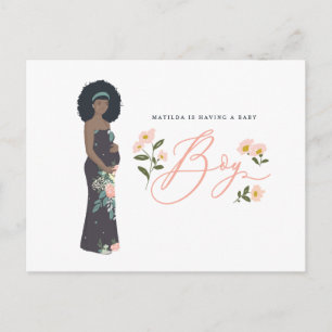 Dark haired black mum to be of a boy baby shower postcard