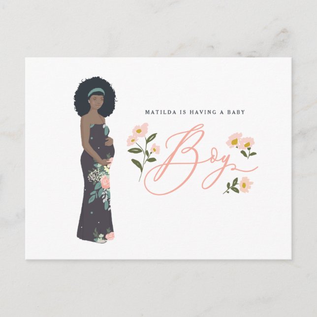 Dark haired black mum to be of a boy baby shower postcard (Front)