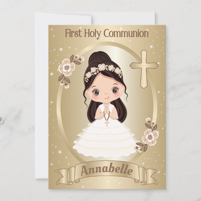 Dark-Haired Girl First Holy Communion Invitation (Front)