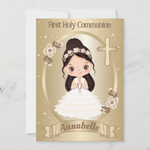 Dark-Haired Girl First Holy Communion Invitation