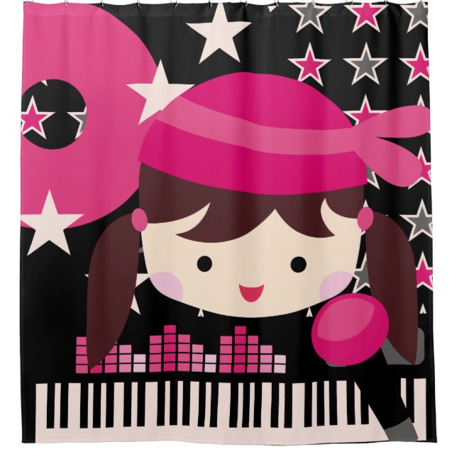 Dark Haired Girl Rock Star Music Karaoke Shower Curtain (Front)
