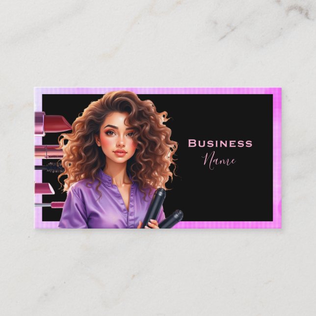Dark Haired Makeup Lady Purple Business Card (Front)