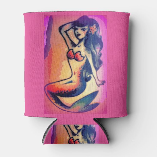 dark-haired mermaid beauty can cooler (Front)