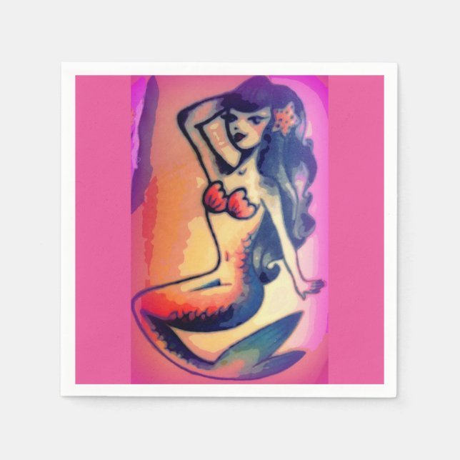 dark-haired mermaid beauty pink napkin (Front)