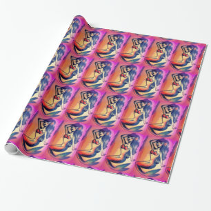 dark-haired mermaids pink wrapping paper