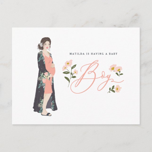 Dark haired mom to be of a boy baby shower invite postcard (Front)