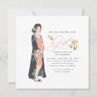 Dark haired mum to be of a girl baby shower invite