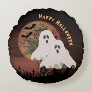 Dark Halloween Cemetery and Ghosts Halloween Round Cushion