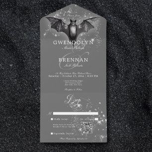 Dark Halloween Glam Bat & Diamonds QR Code All In One Invitation