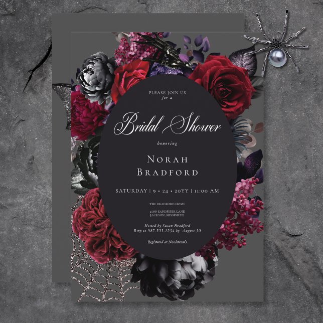 Dark Halloween Glam Floral Black Bridal Shower Invitation (Dark Halloween Glam Floral Black Bridal Shower Invitation)