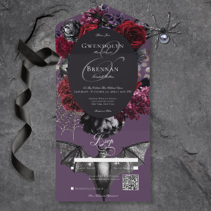 Dark Halloween Glam Floral Purple Wedding QR Code All In One Invitation