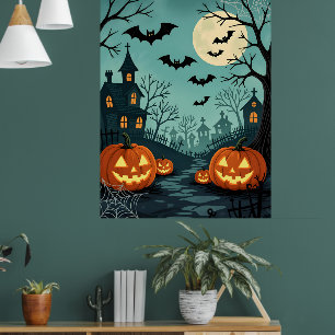 Dark Halloween Landscape with Bats & Spider Web Poster