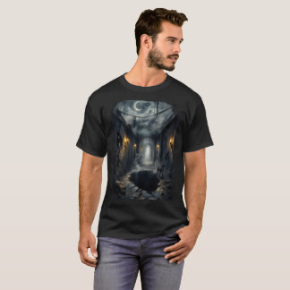 Dark Haunted Fantasy Corridor with Moonlit Sky T-Shirt