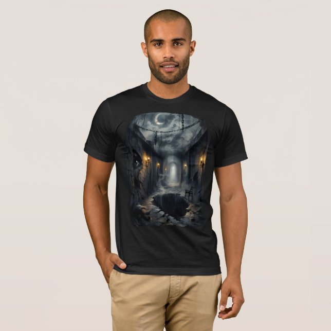 Dark Haunted Fantasy Corridor with Moonlit Sky T-Shirt (Front Full)