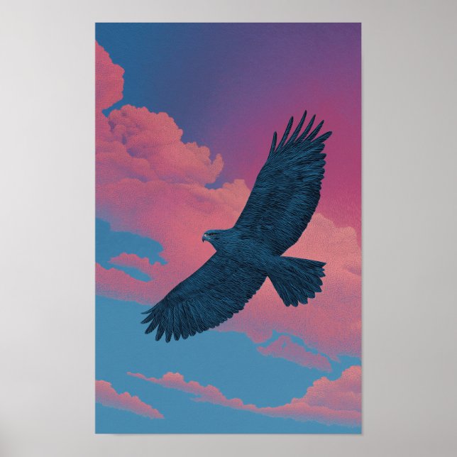 Dark hawk with wings spread across a sunset sky poster (Front)