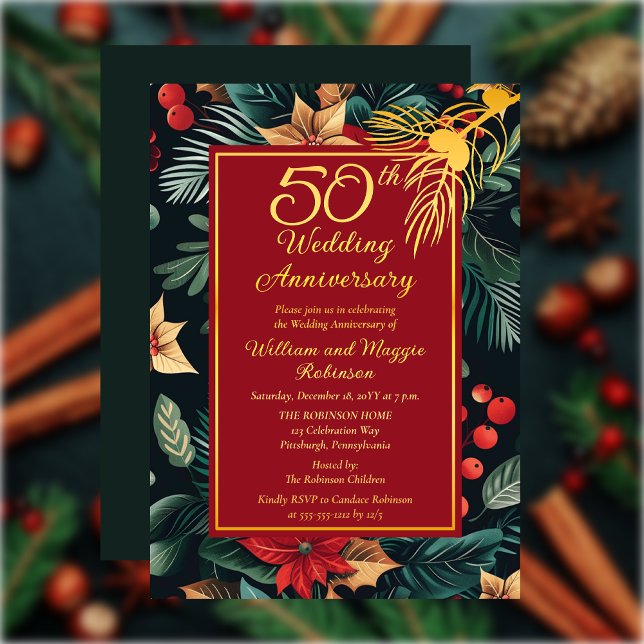 Dark Holiday Floral 50th Wedding Anniversary Party (Dark Floral Winter | Christmas Holiday 50th Wedding Anniversary Party Gold Foil Invitation)