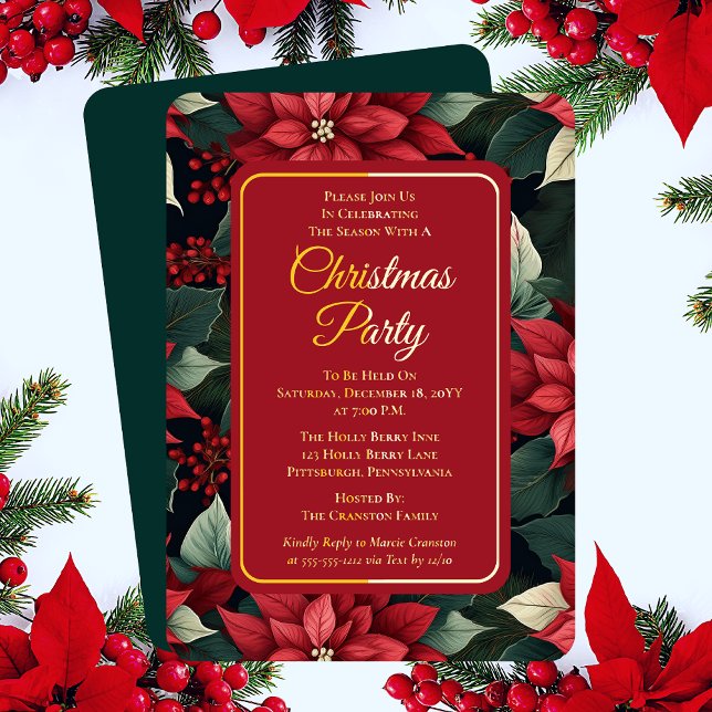 Dark Holiday Poinsettia Floral Christmas Party (Elegant Dark and Moody Christmas Poinsettia Holiday Floral Christmas Party Foil Invitation)