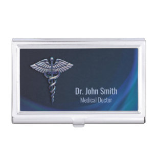 Dark Holographic 3D Medical Chrome Caduceus Business Card Holder