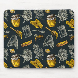 Dark Honey Bee Beehive Yellow Vintage Natural Mouse Mat