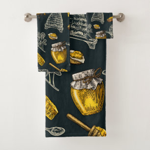 Dark Honey Bee Beehive Yellow Vintage Organic Chic Bath Towel Set